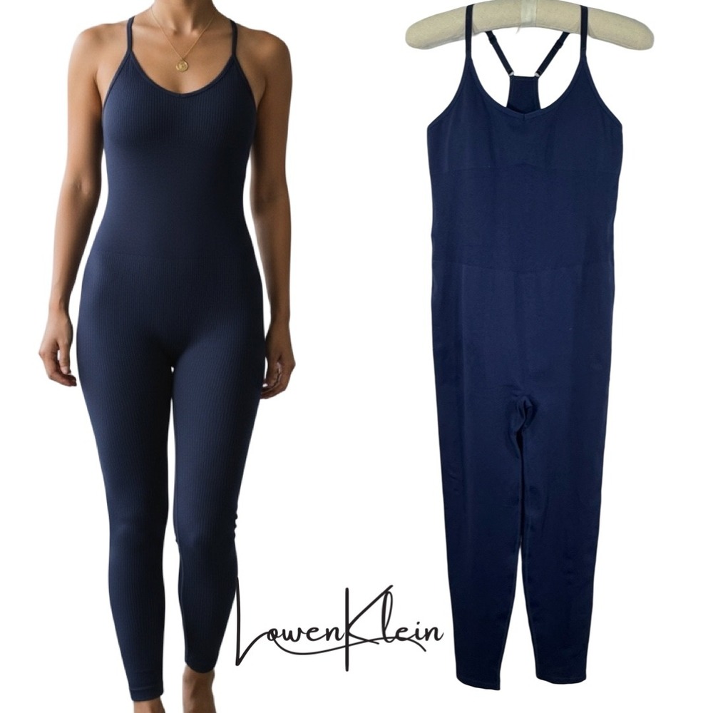 Pink Active‎ Jumpsuit Ribbed Navy Blue Y Back Sleeveless Athleisure - Large New